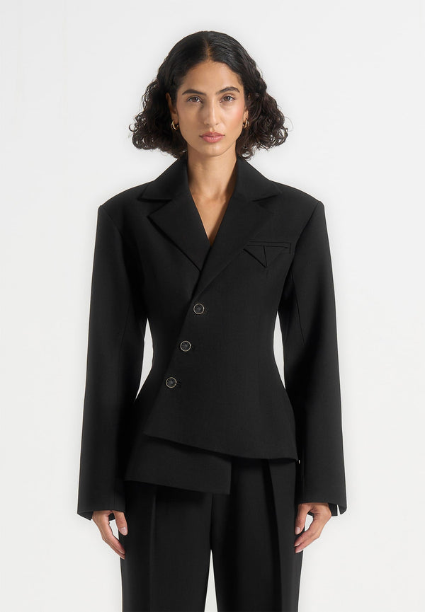Thalia - Asymmetric Tailored Double Breasted Blazer - Black