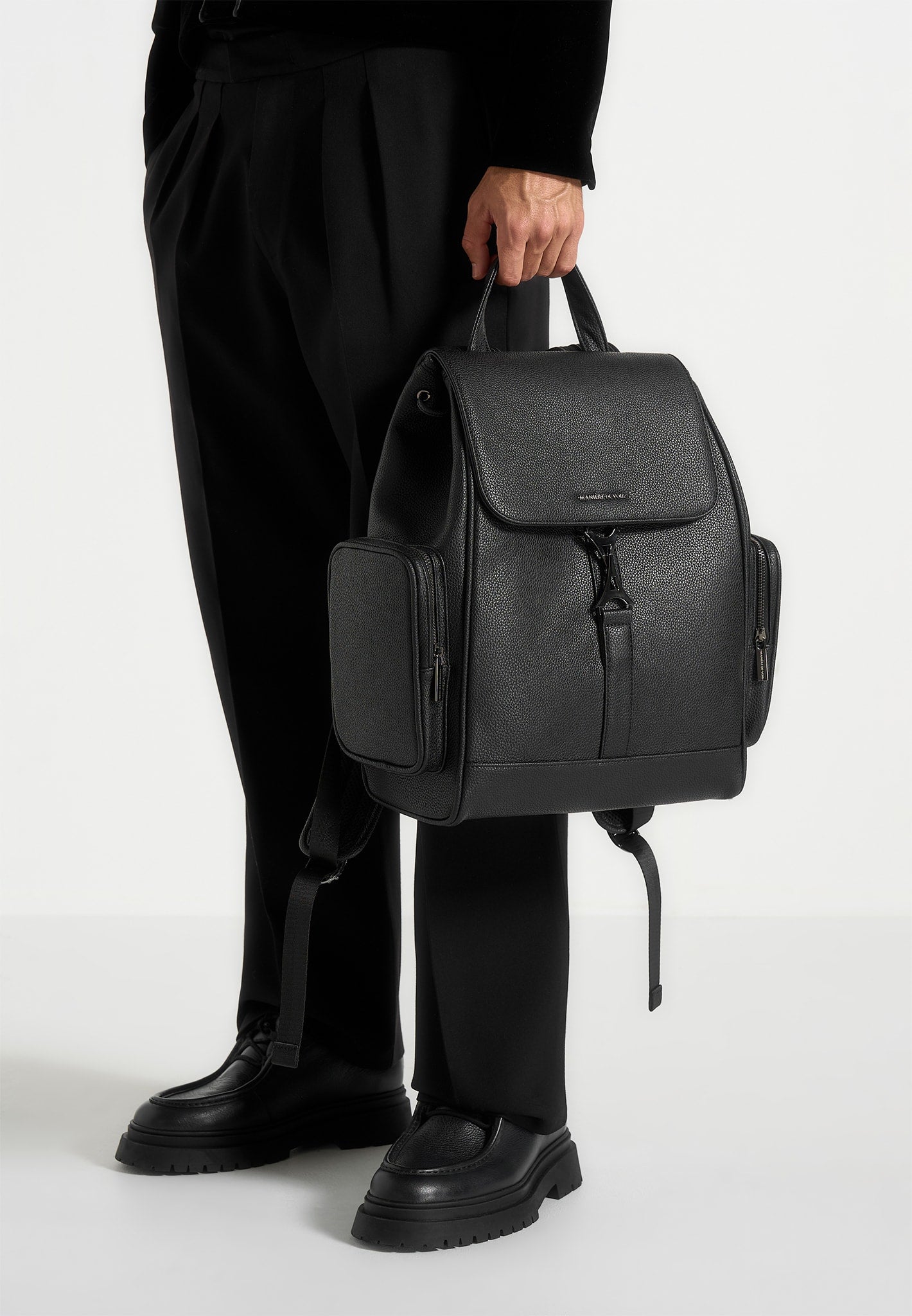 Taylor - Pebbled Leather Eiffel Clasp Backpack - Black
