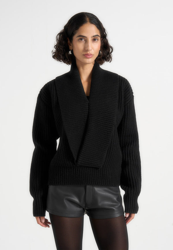 Azra - Plunge Knit Jumper - Black