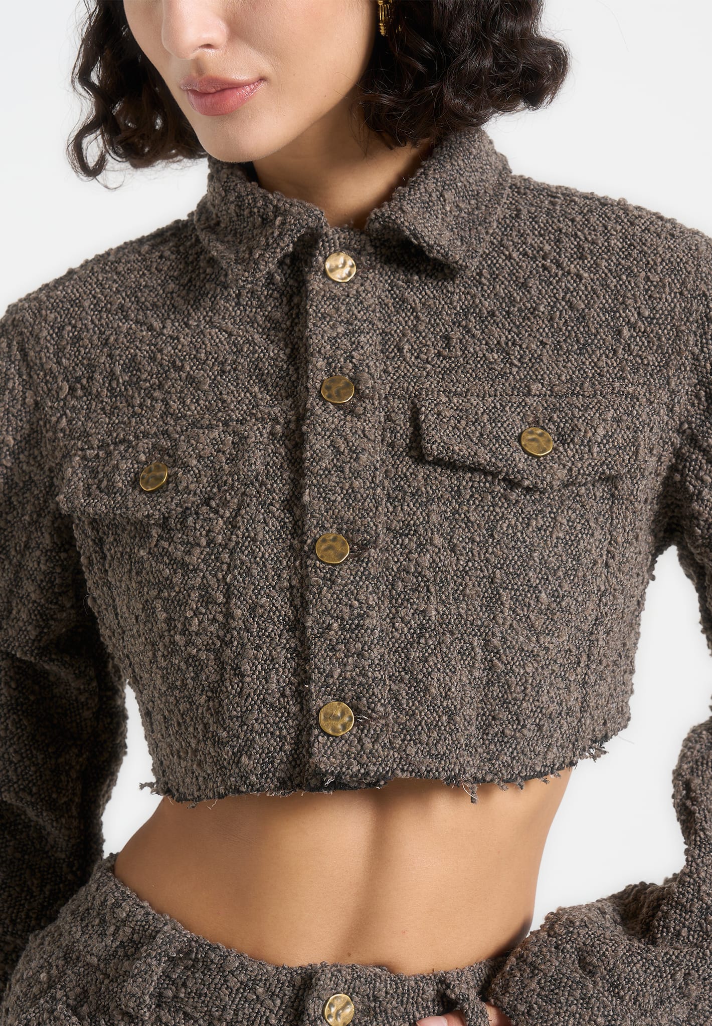 Catherine - Cropped Boucle Denim Jacket - Brown
