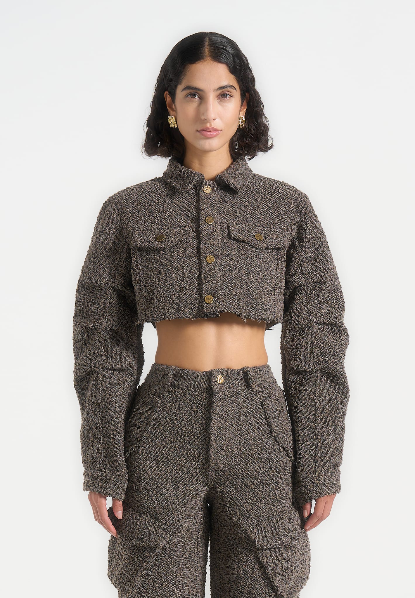 Catherine - Cropped Boucle Denim Jacket - Brown