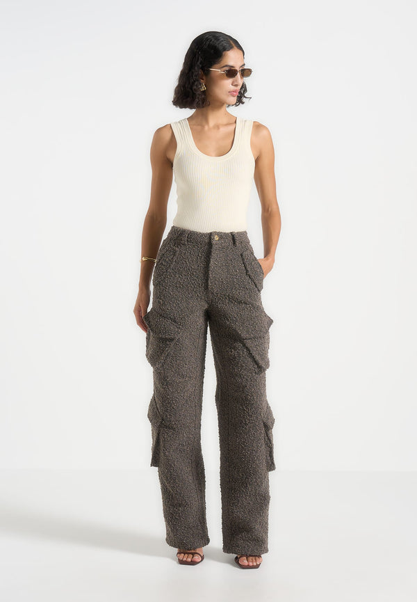 Anne - High Waisted Boucle Denim Cargo Pants - Brown