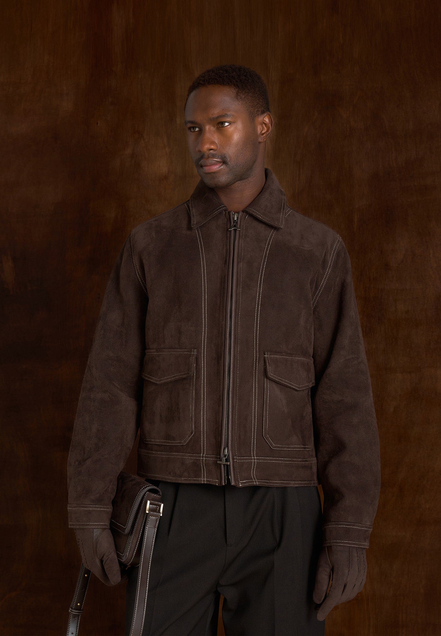 Vince - Suede Contrast Stitch Jacket - Brown