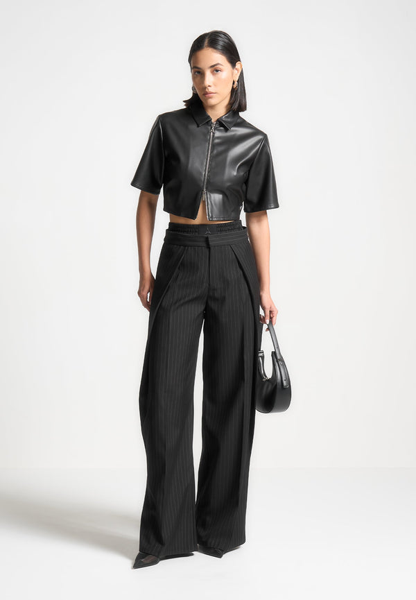 Sofia - Satin Waistband Pinstripe Trousers - Black