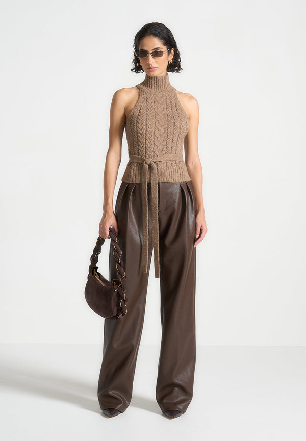 Olivia - Pebbled Leather Pleated Stacked Trousers - Brown