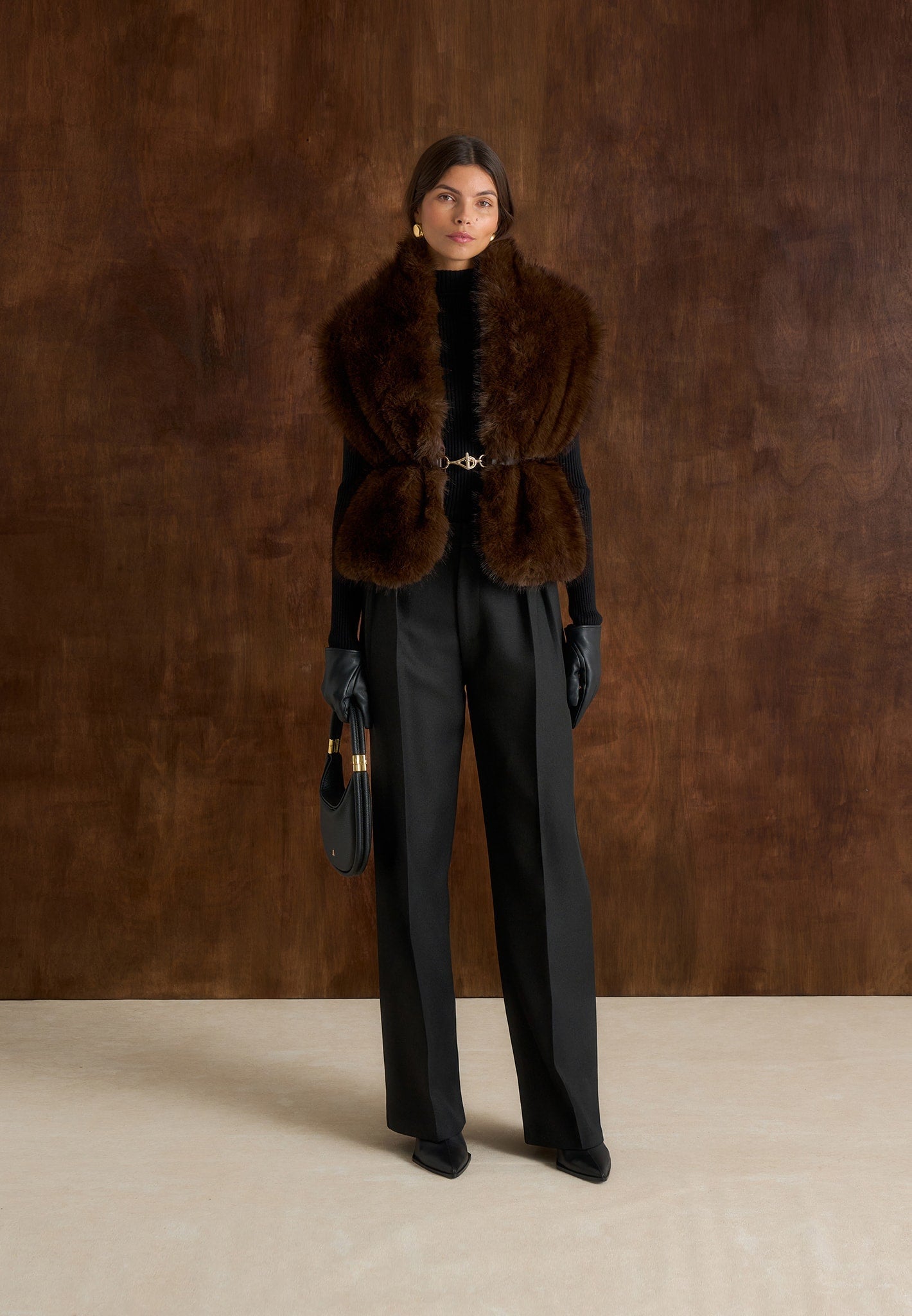 Lira - Fur Gilet With Belt - Dark Brown