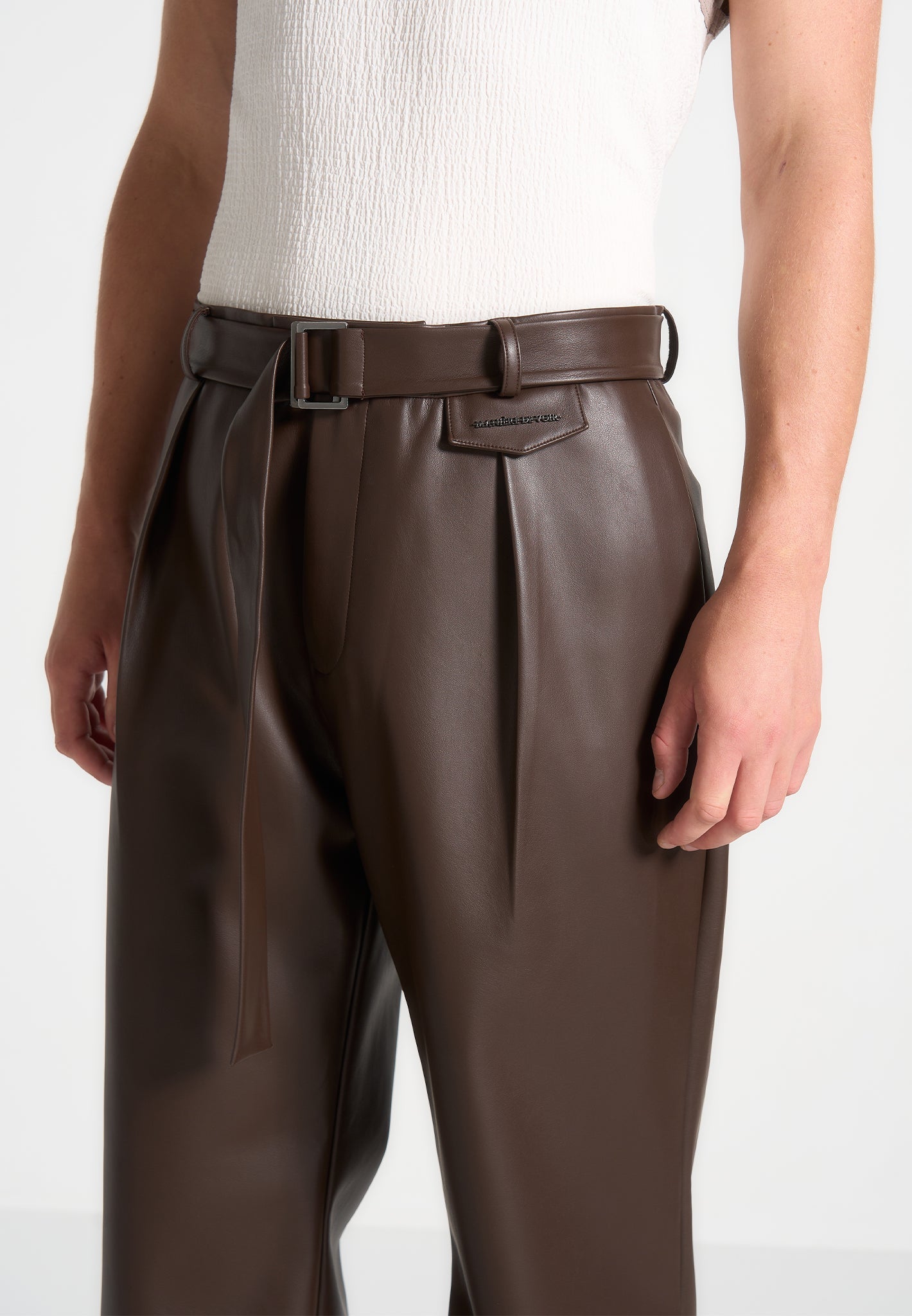 relaxed-fit-vegan-leather-pleated-trouser-brown