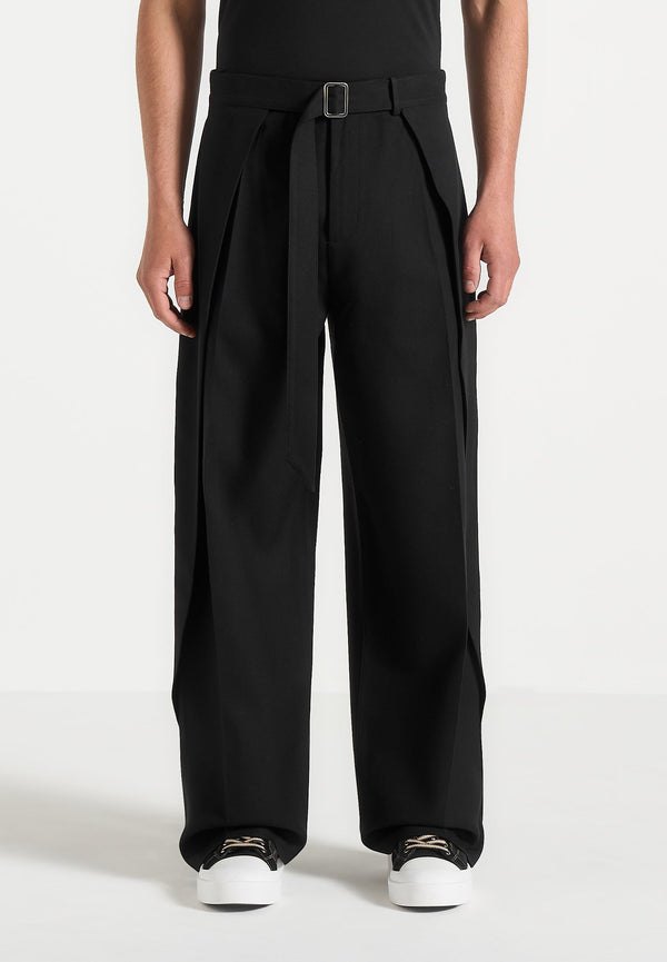 Charles - Wide Fit Wrap Leg Tailored Trousers - Black
