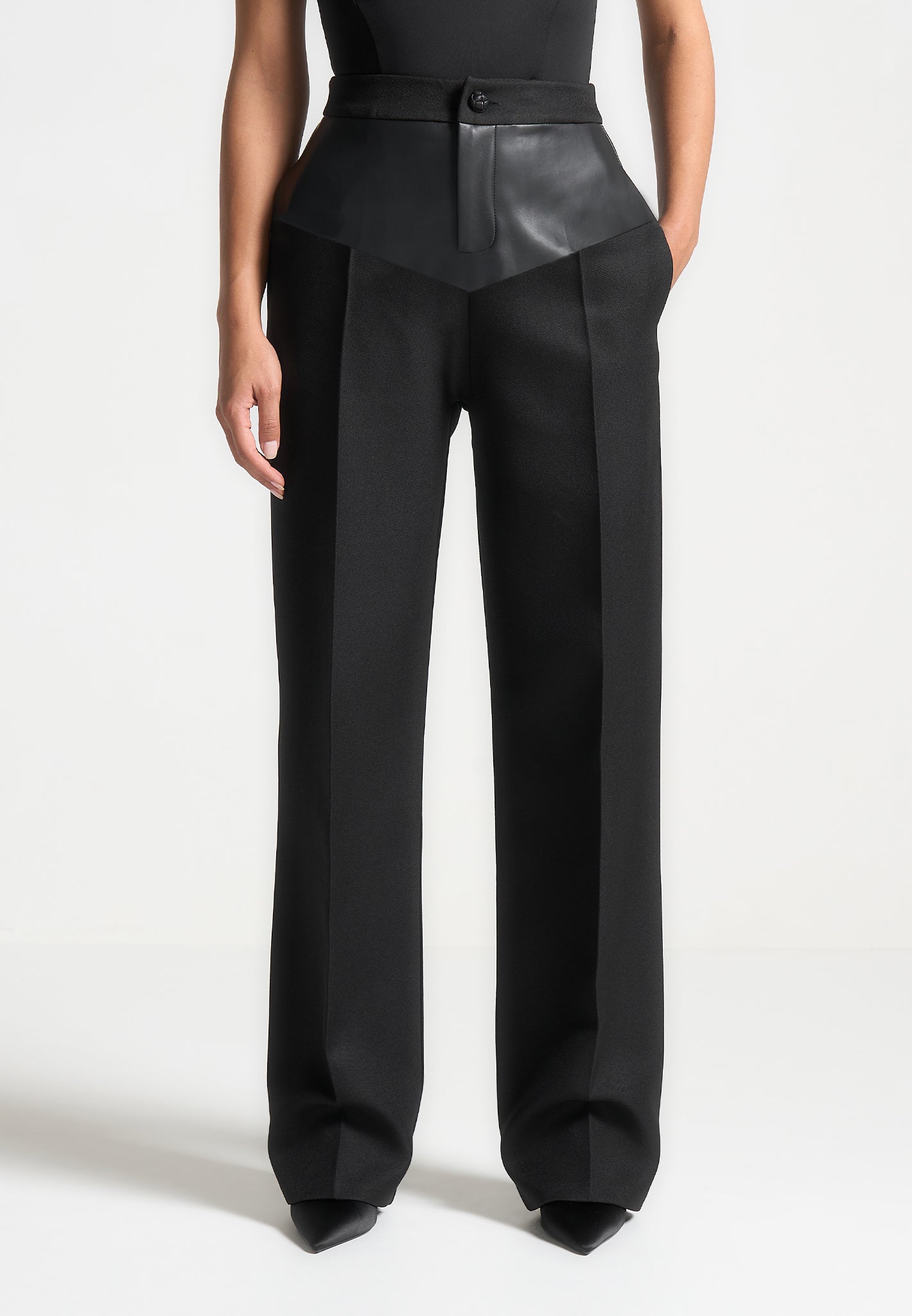 Leather Panel Tailored Trousers - Black