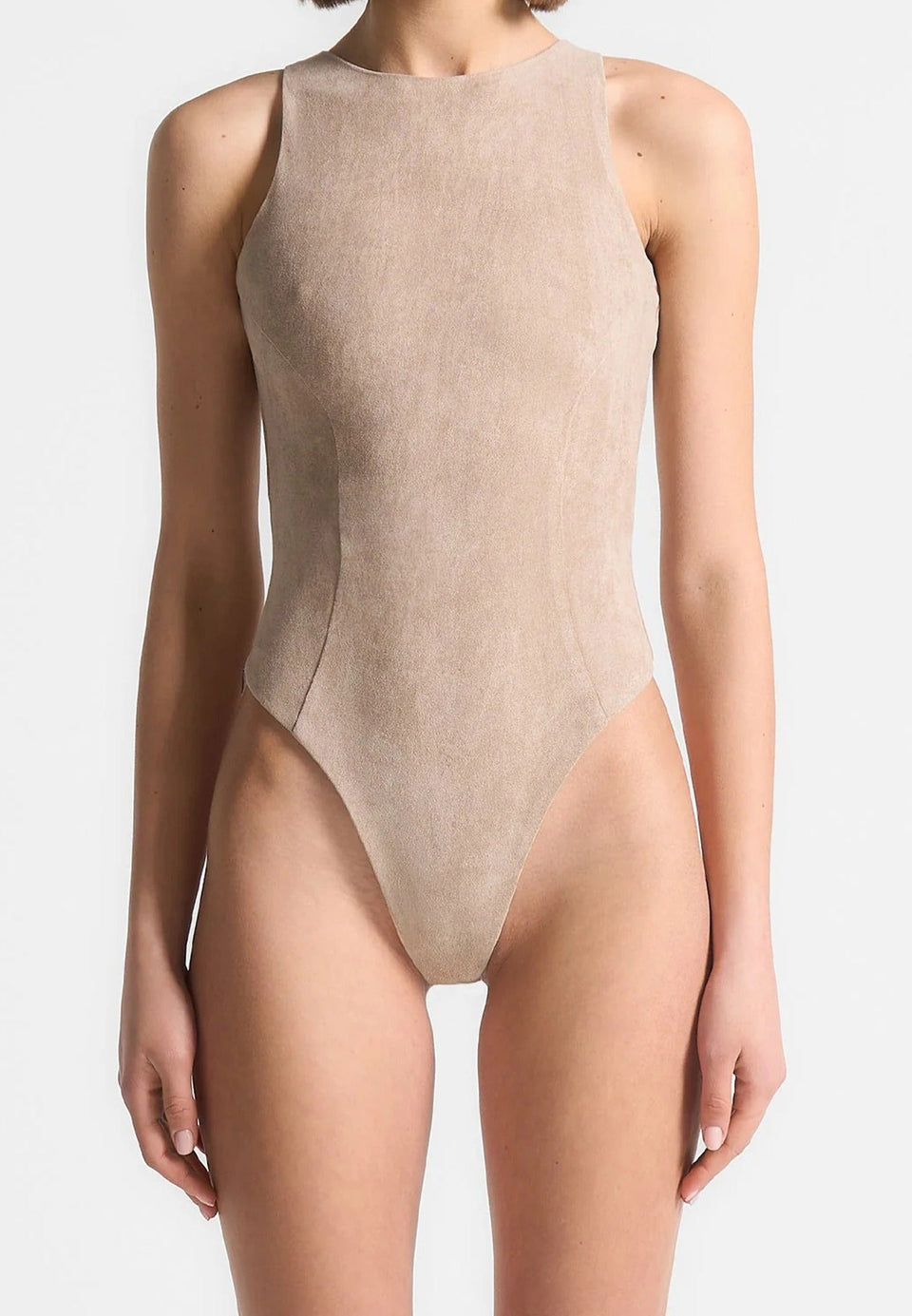 Adele - Suede Racer Neck Bodysuit - Taupe
