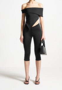 Angled Hem Bardot Top - Black