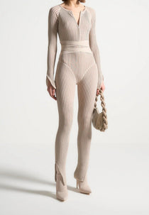 Knitted Two Tone Jumpsuit with Belt - Beige/Taupe