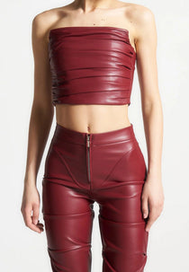 Pleated Bandeau Leather Corset Top - Wine Red