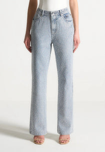 Alma - Rhinestone Eiffel Straight Leg Jeans - Mid Blue
