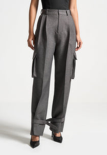Danielle - Textured Tailored Pleated Cargo Trousers - Grey Marl