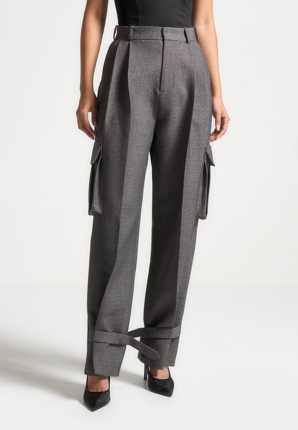 Danielle - Textured Tailored Pleated Cargo Trousers - Grey Marl