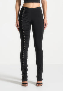 Eyelet Detail Tacked Leggings - Black