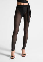 Ribbed Sheer Leggings with Tie - Black