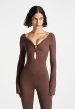 twisted-bust-off-shoulder-jumpsuit-brown