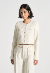 Celine - Cropped Tweed Jacket with Pearls - Cream