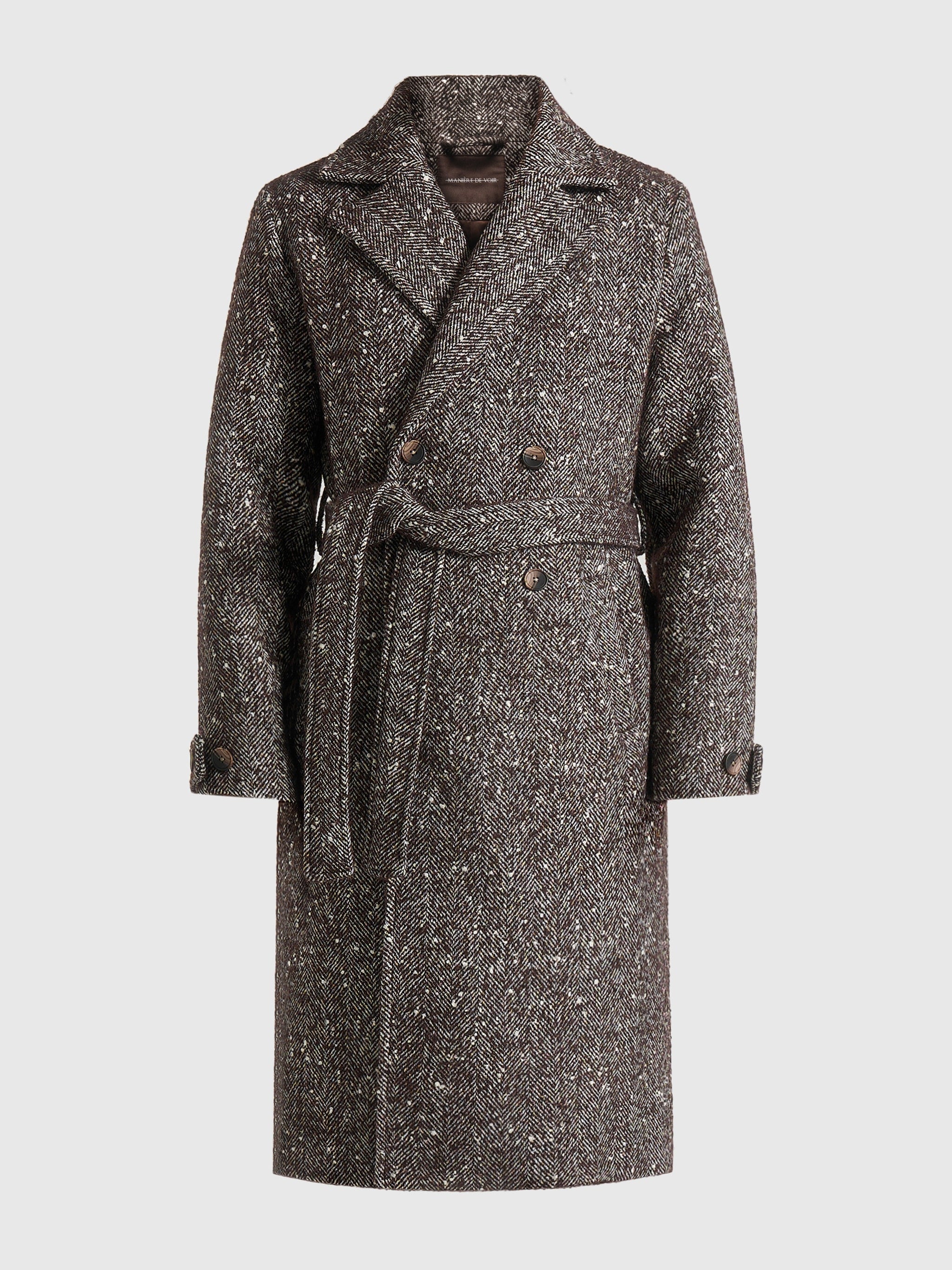 Ben - Herringbone Double Breasted Belted Coat - Brown