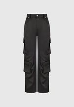 Emilie - Satin High Waisted Cargo Pants - Black