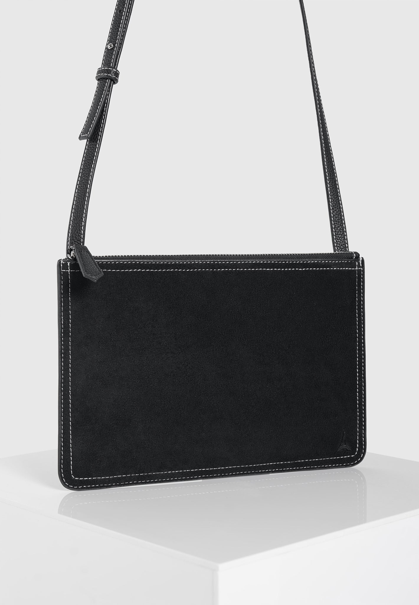 Elio - Suede Contrast Stitch Crossbody Bag - Black