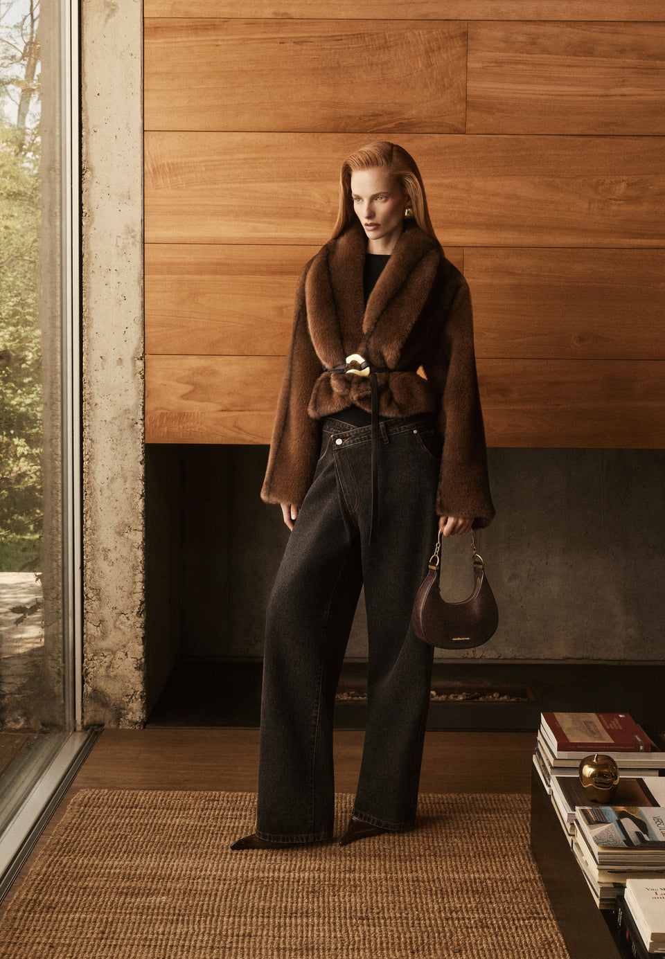Nola - Fur Shawl Jacket with Leather Belt - Brown