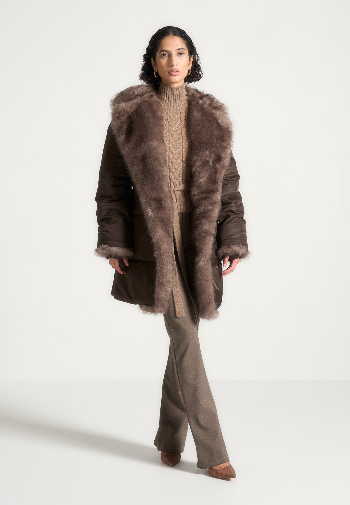 Alima - Fur Longline Belted Coat - Brown