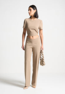 Curved Waist Tailored Pants - Dark Beige