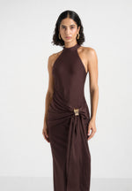 Willow - Halter Neck Clasp Detail Satin Sash Maxi Dress - Brown