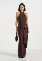 Willow - Halter Neck Clasp Detail Satin Sash Maxi Dress - Brown