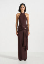 Willow - Halter Neck Clasp Detail Satin Sash Maxi Dress - Brown