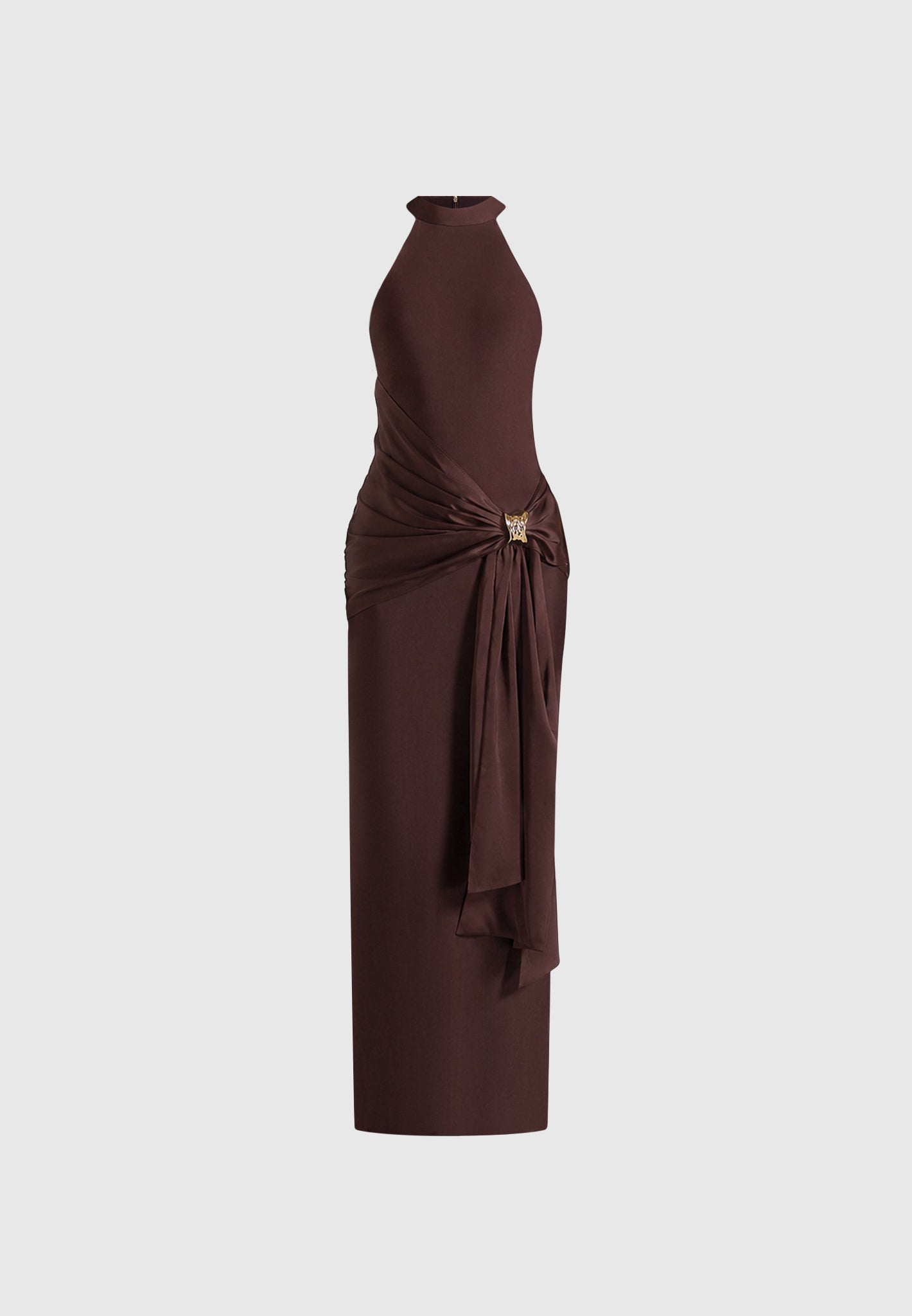 Willow - Halter Neck Clasp Detail Satin Sash Maxi Dress - Brown