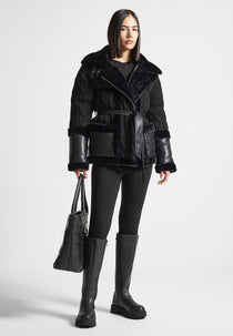 Tara - Knit and Plush Puffer Biker Jacket - Black