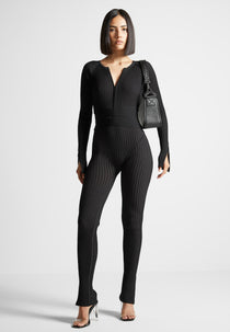 Knitted Two Tone Jumpsuit with Belt - Black
