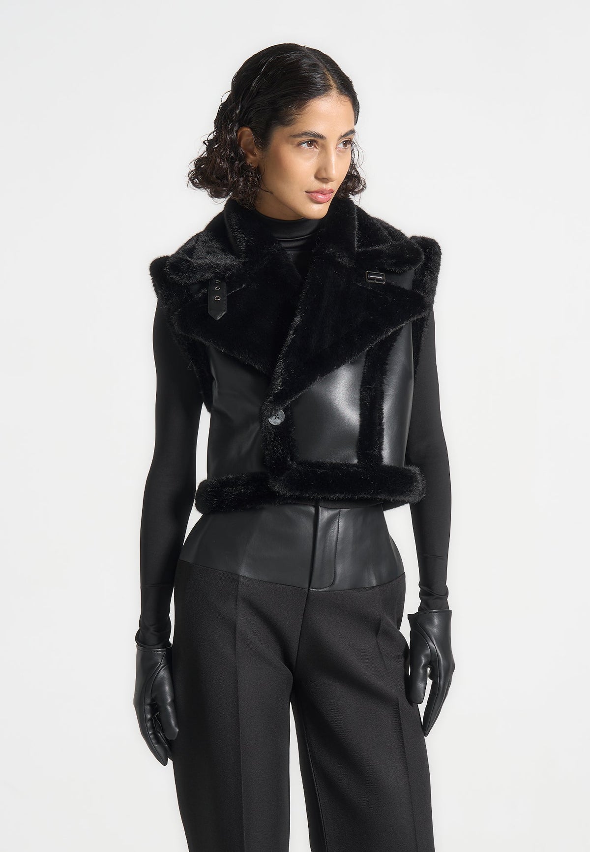 Kena - Leather & Plush 2-in-1 Gilet Jacket - Black