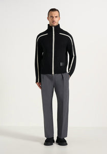 Malo - Contrast Piped Wool-Blend Zip-Through Cardigan - Black