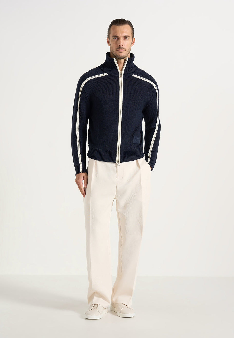 Malo - Contrast Piped Wool-Blend Zip-Through Cardigan - Navy
