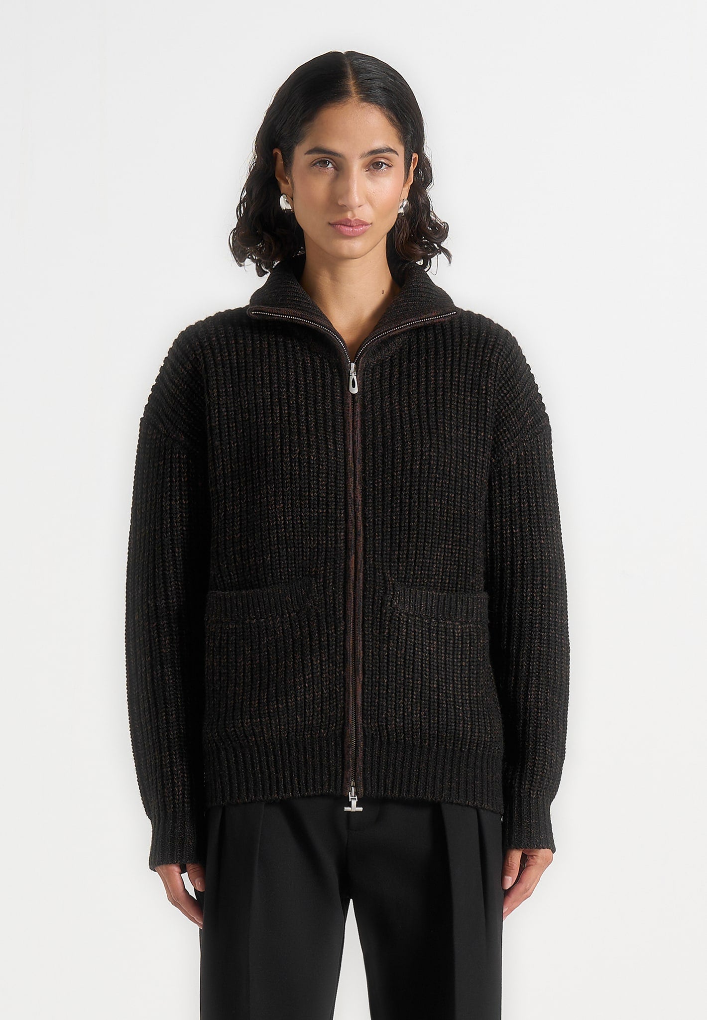 Jamie - Unisex Speckled Wool Zip Through Jacket - Black