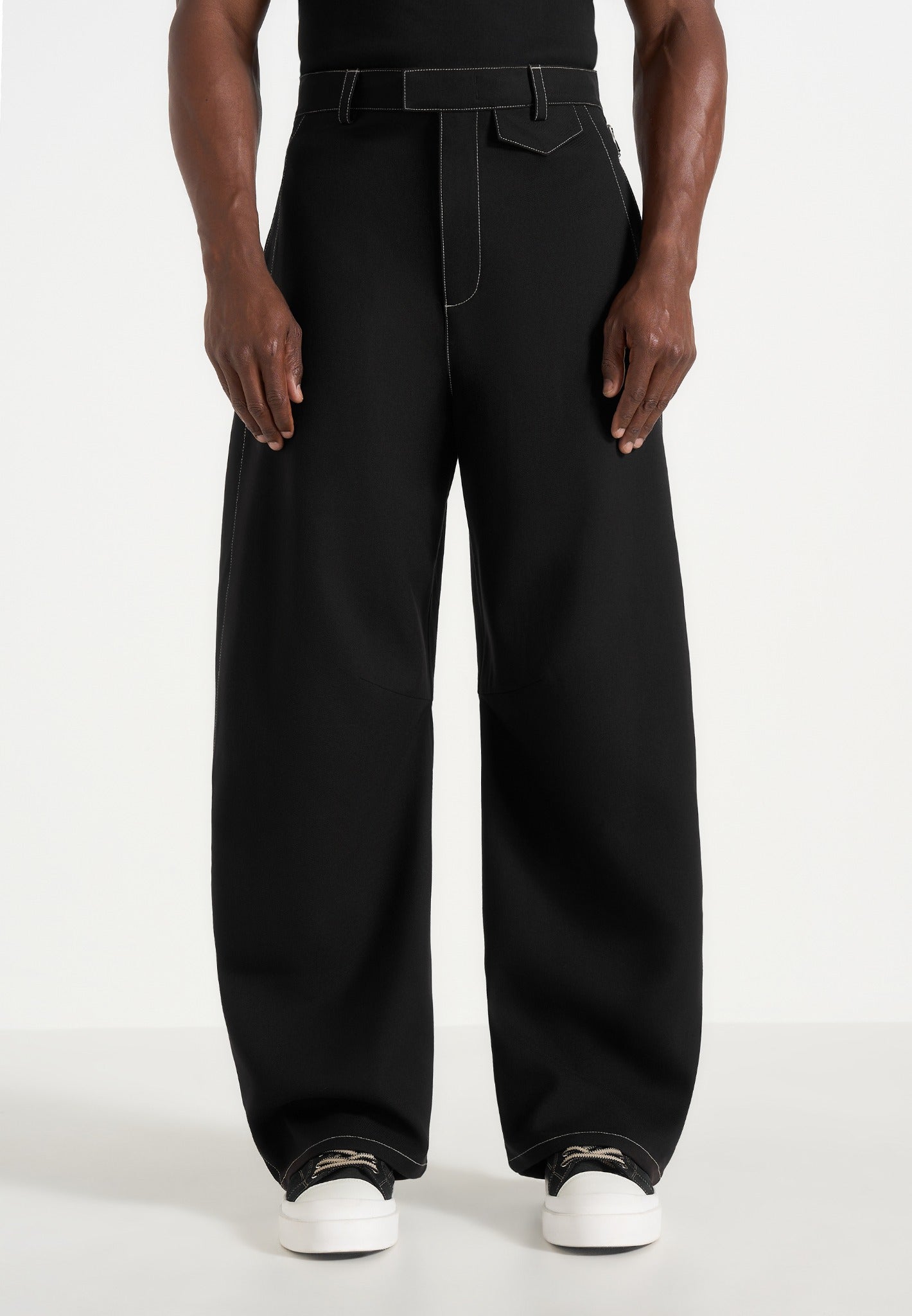marceau-contrast-stitch-barrel-leg-trousers-black