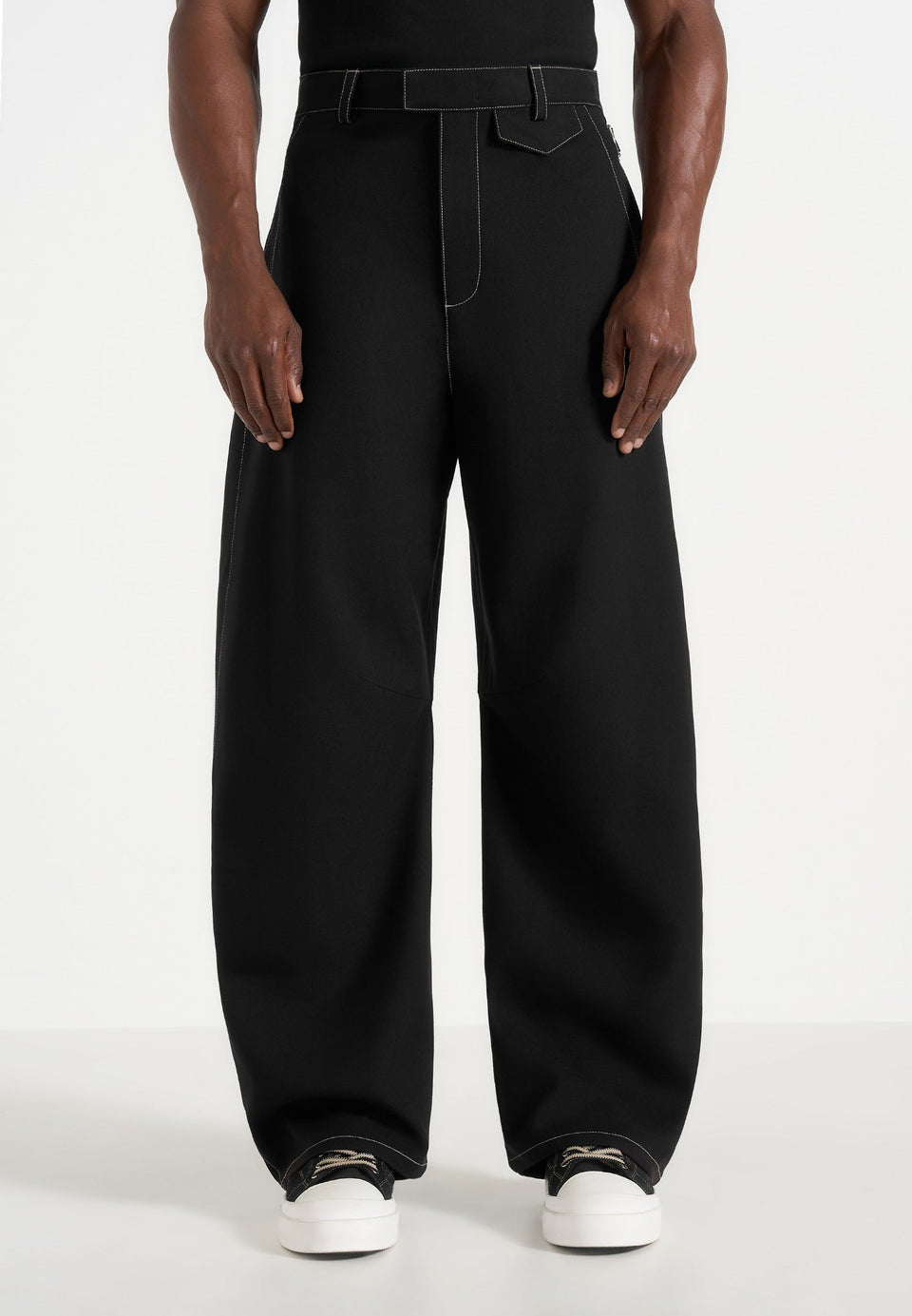 marceau-contrast-stitch-barrel-leg-trousers-black