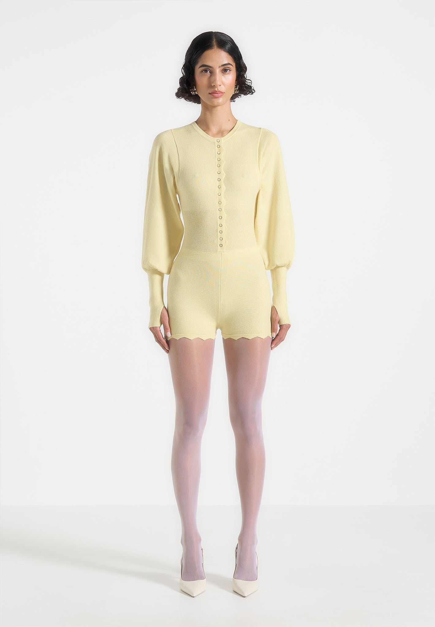 Michele - Knitted Scallop Hem Playsuit - Pale Yellow