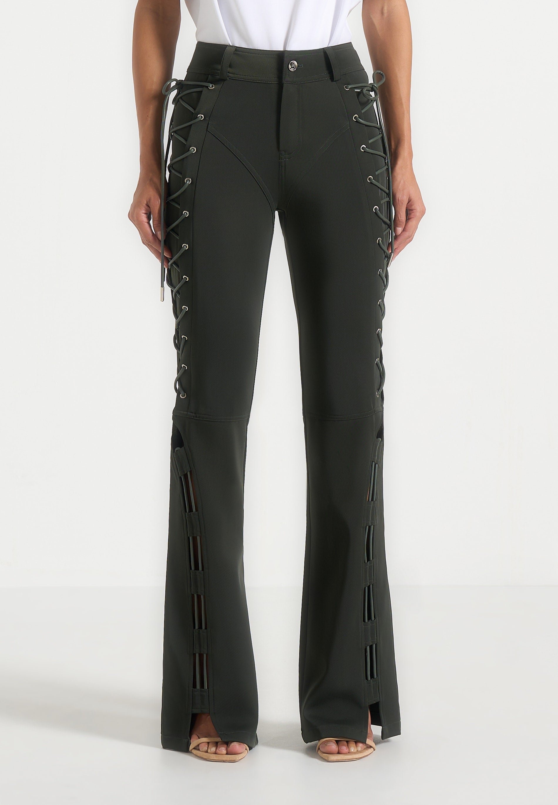 Ambre - Drill Lace Up Flared Pants - Olive