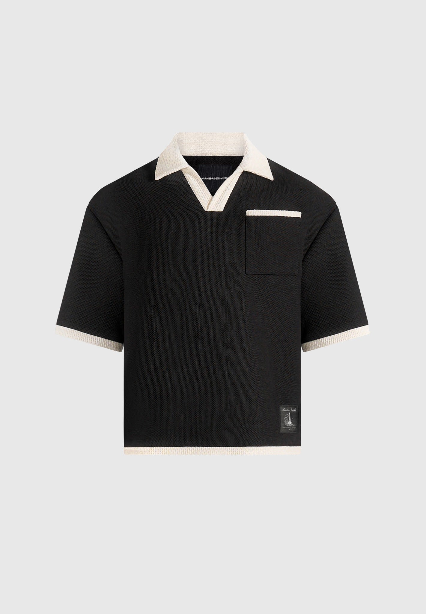 Brice - Boxy Crochet Detail Polo Shirt - Black