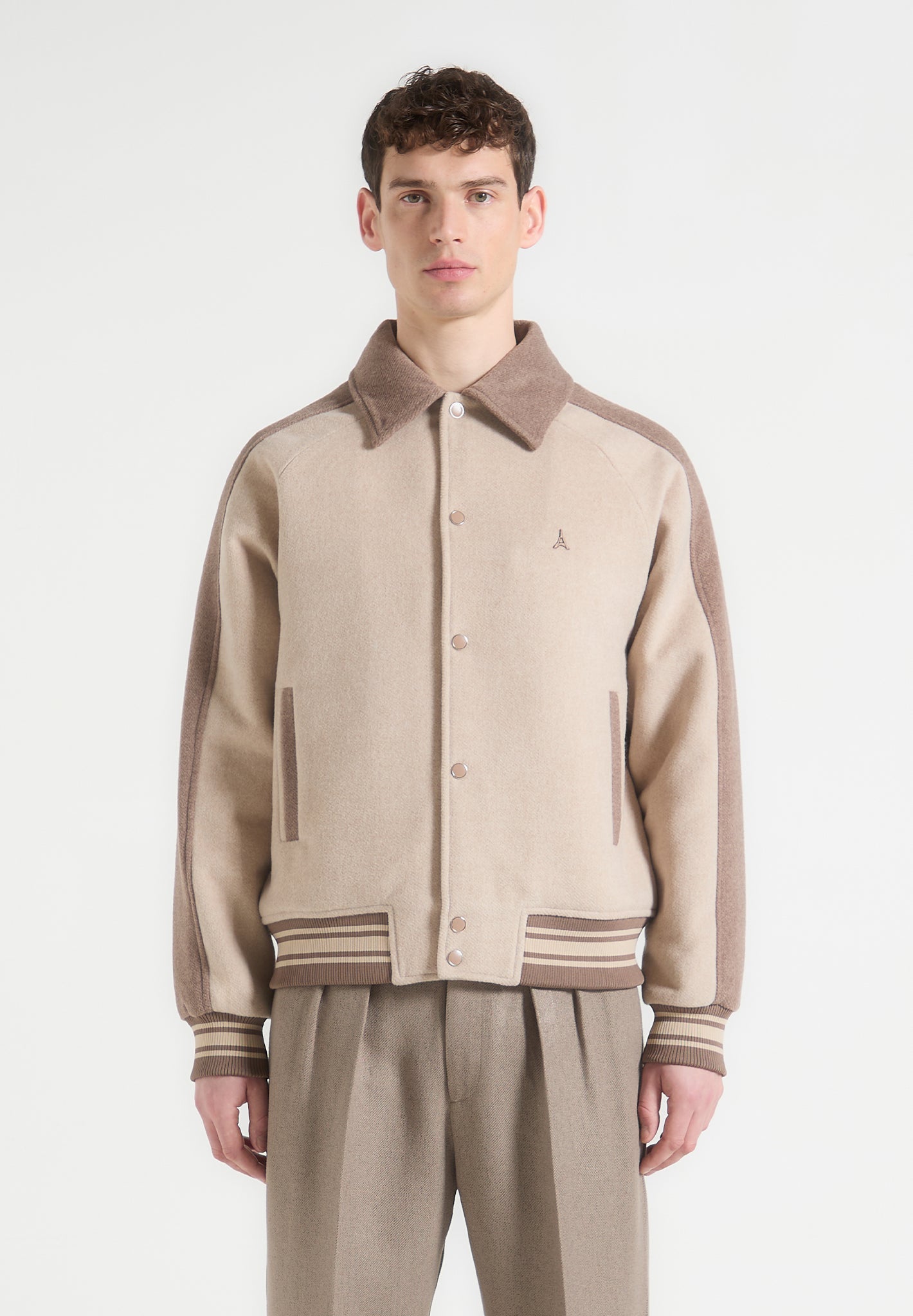 Andre - Contrast Wool Blend Varsity Jacket - Beige 