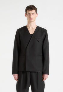 Colin - Collarless Double Breasted Minimal Blazer - Black