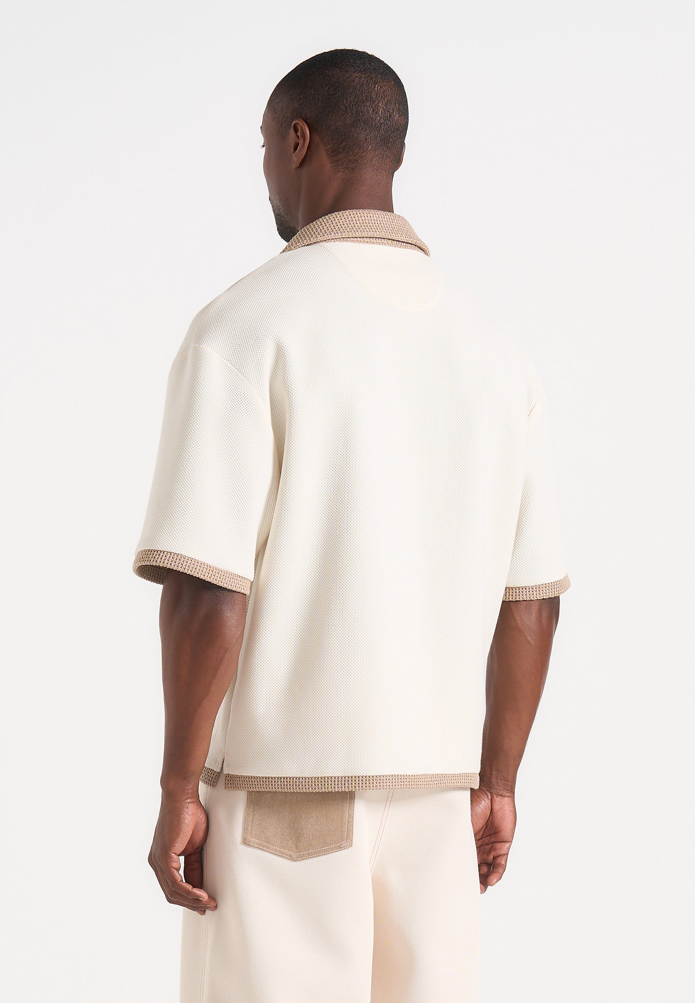 Brice - Boxy Crochet Detail Polo Shirt - Cream
