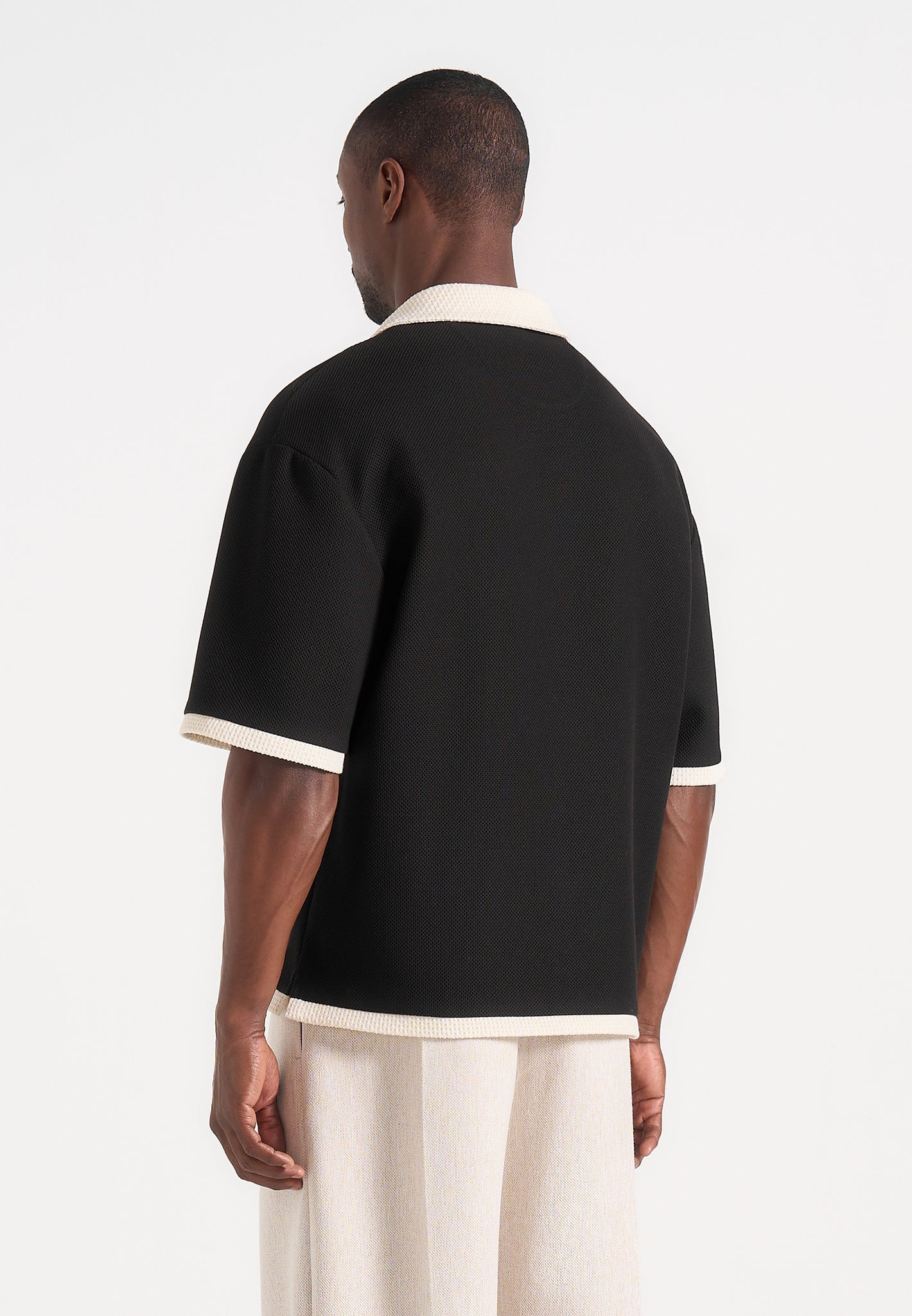 Brice - Boxy Crochet Detail Polo Shirt - Black