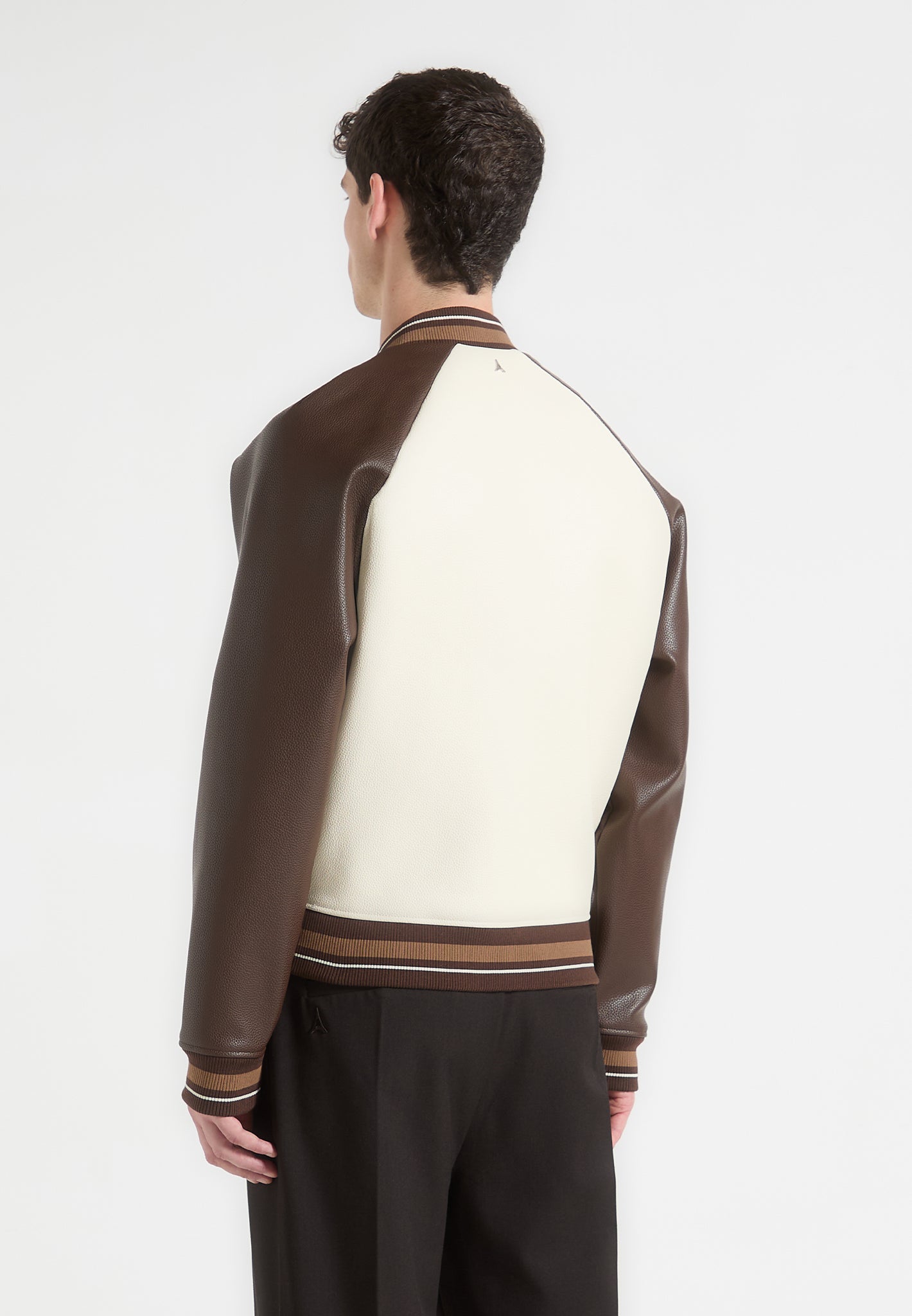 Contrast Leather Bomber Jacket - Cream/Brown